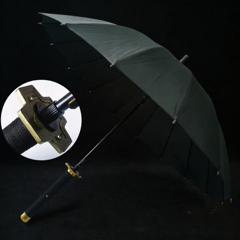 close up of black katana handle on gakusou anime sword umbrella