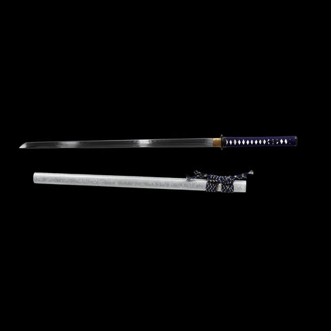 collectible straight blade samurai sword display piece blue handle white rayskin
