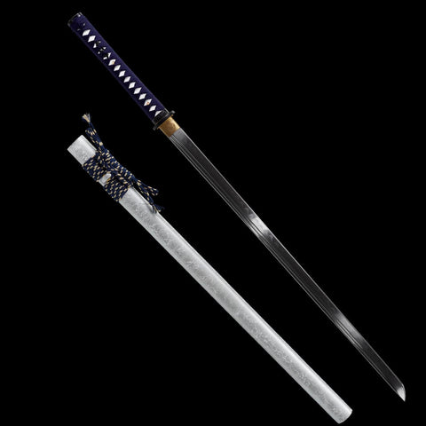 hand forged straight blade katana with silver scabbard blue wrapped handle samegawa