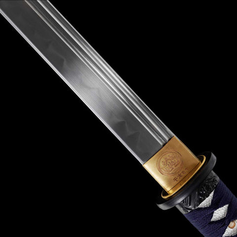 japanese style straight blade katana blue handle white rayskin elegant sword