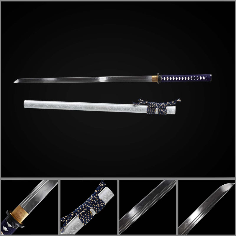 Straight Blade Katana 1045 Carbon Steel Samurai Sword Blue Handle 