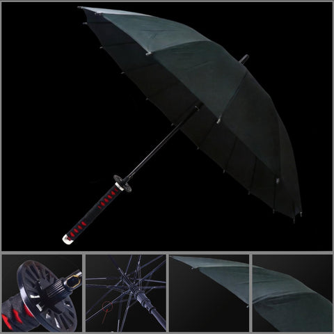 tanjirou second generation black sword umbrella with 16 rib windproof frame and detachable katana handle full product view