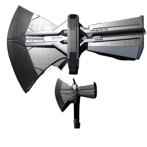 close up of thor stormbreaker 2.0 axe showing detailed metal texture and design