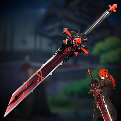 Cosplayer holding Wolf’s Gravestone Genshin Impact sword replica at convention