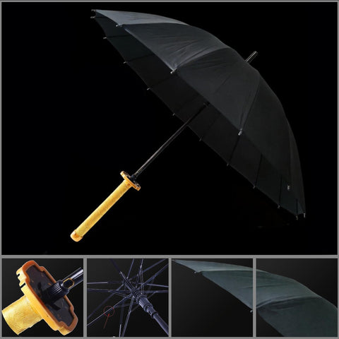 yoriichi tsugikuni black katana umbrella 16 rib windproof design full length view